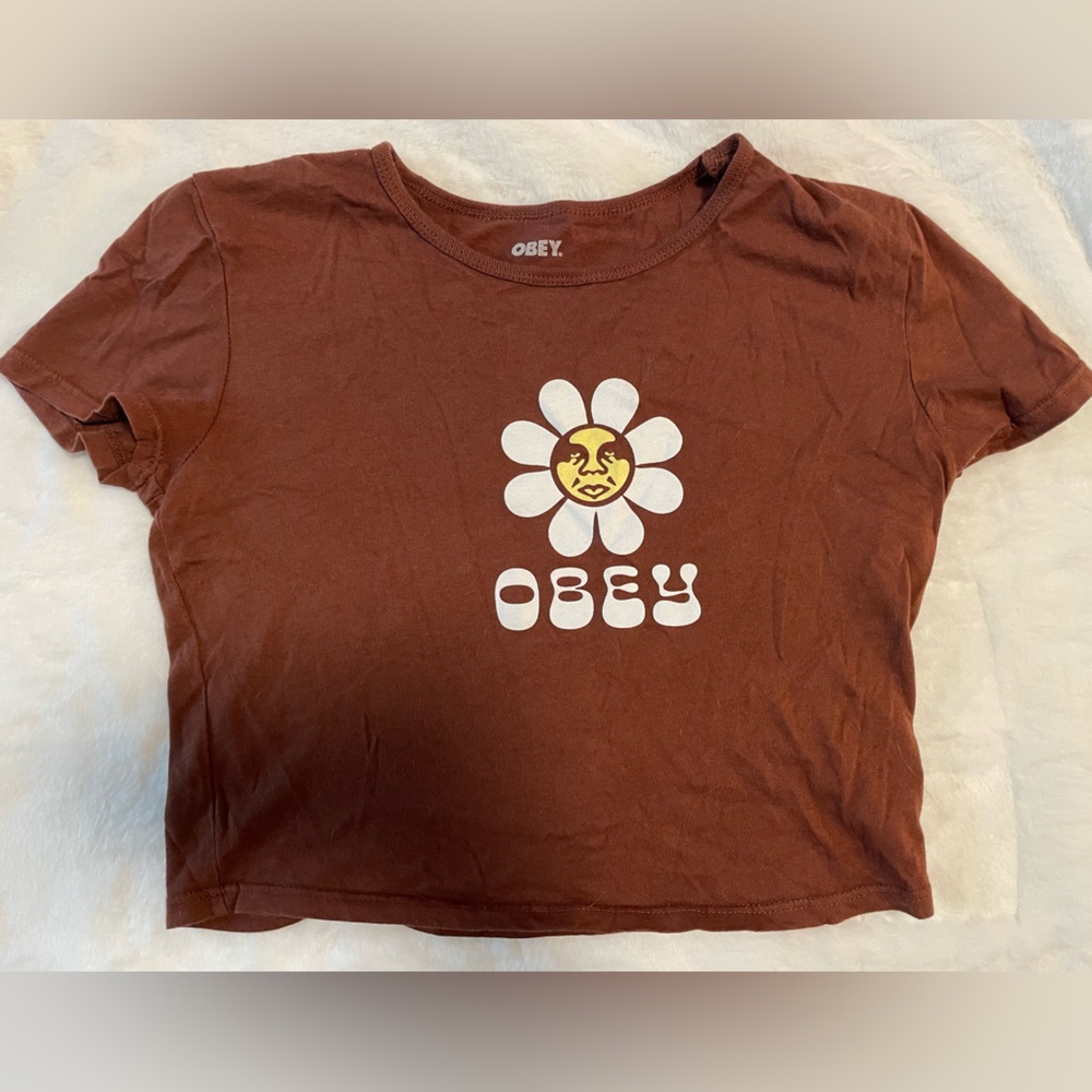 Obey Chocolate Brown Flower Tee Size S